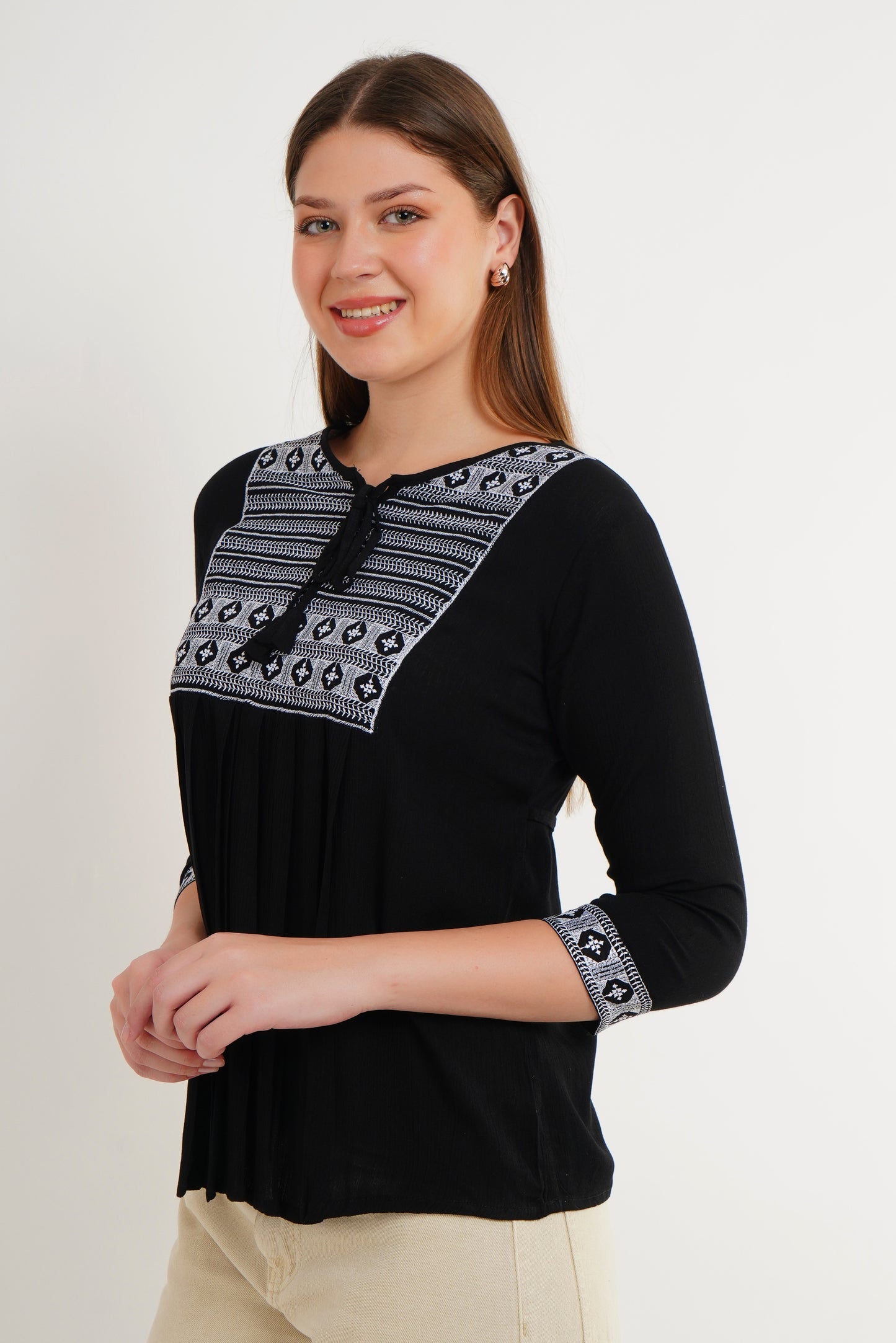 MeQueen Women’s Black Color Top with White Lace Work