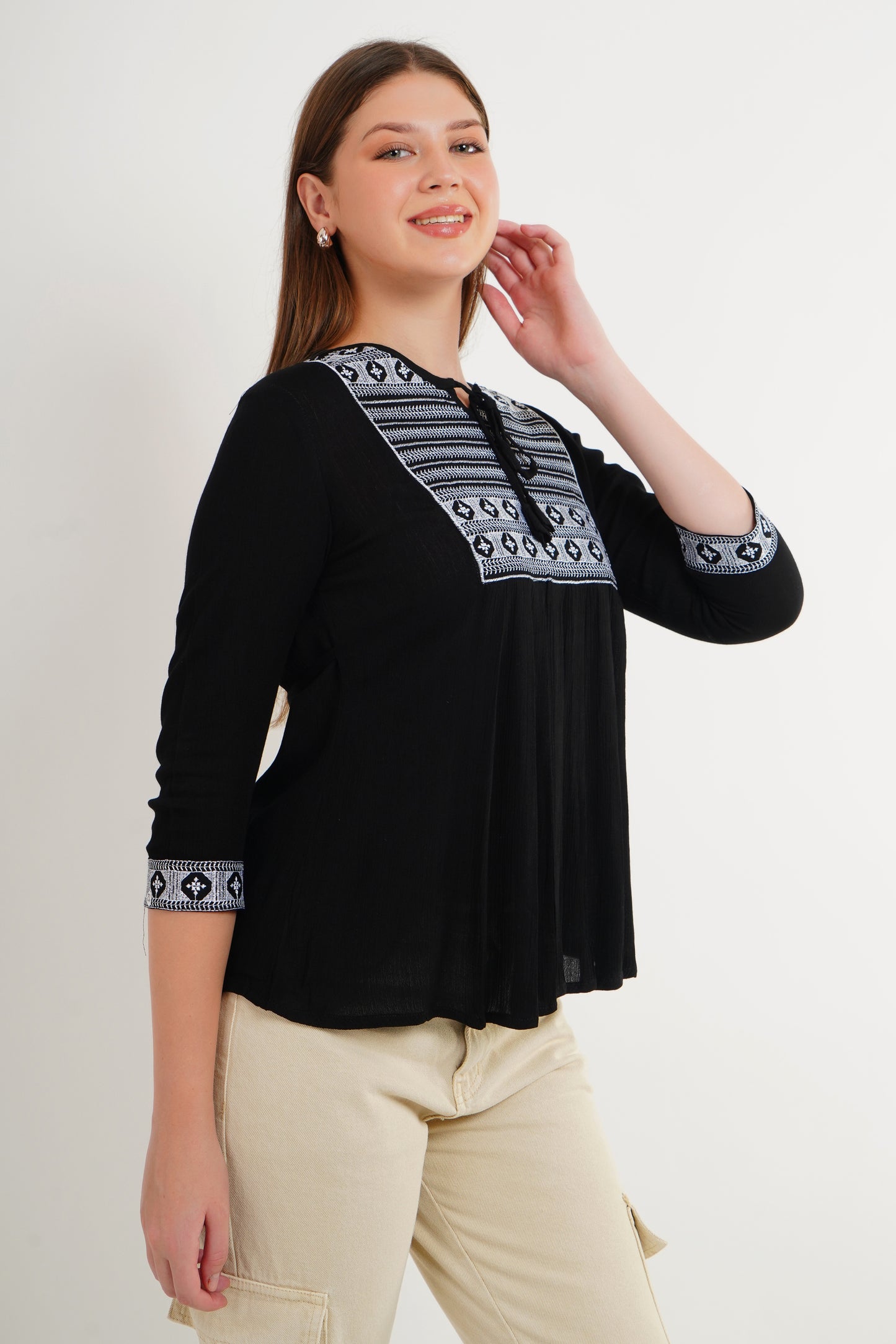 MeQueen Women’s Black Color Top with White Lace Work