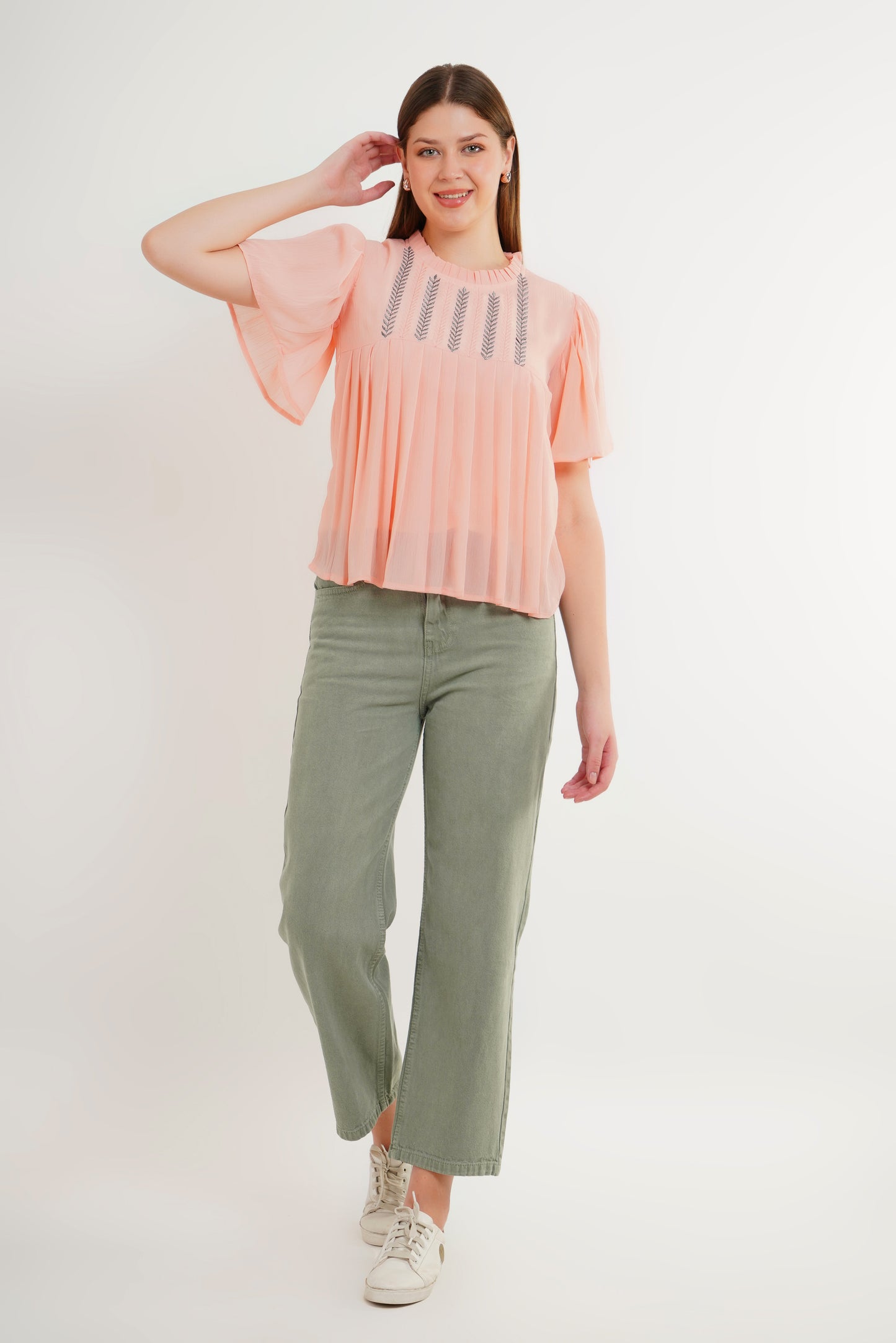 MeQueen Women Ruffled Neck Pink Embroidered Top with Thread Work