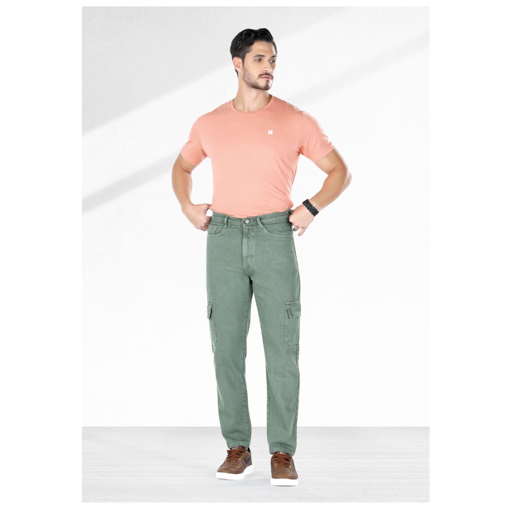 MQ Denim Men's Straight Fit 6-Pocket Cargo Mid Rise Green Jeans, Non-Stretchable and Pure Cotton Denim. Trendy and Comfortable Casual Wear
