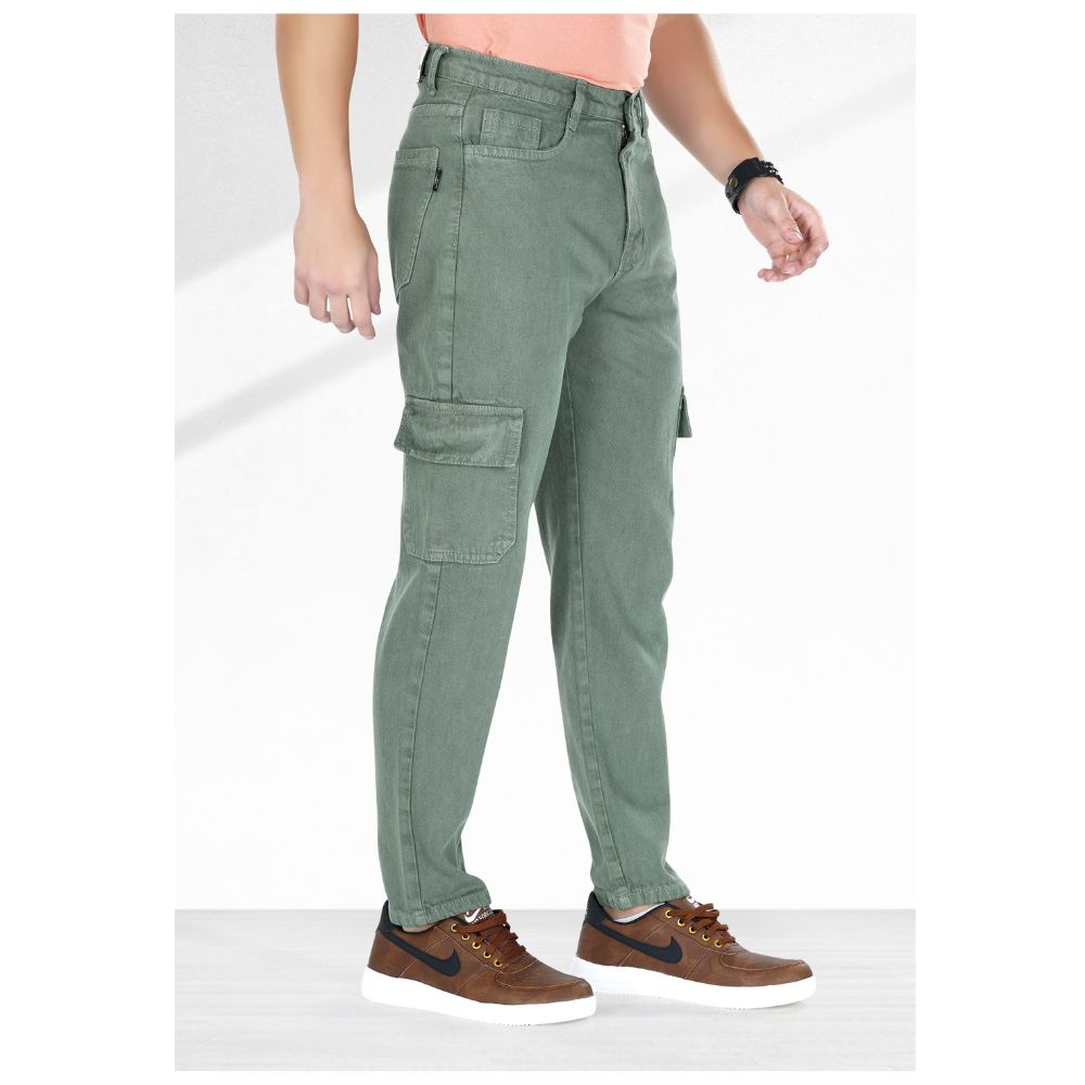 MQ Denim Men's Straight Fit 6-Pocket Cargo Mid Rise Green Jeans, Non-Stretchable and Pure Cotton Denim. Trendy and Comfortable Casual Wear