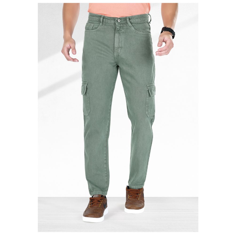 MQ Denim Men's Straight Fit 6-Pocket Cargo Mid Rise Green Jeans, Non-Stretchable and Pure Cotton Denim. Trendy and Comfortable Casual Wear