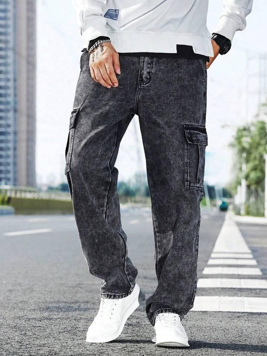 MQ Denim Men's Wide Leg 6-Pocket Cargo Mid Rise Charcoal Black Jeans, Non-Stretchable and Pure Cotton Denim. Trendy and Comfortable Casual Wear