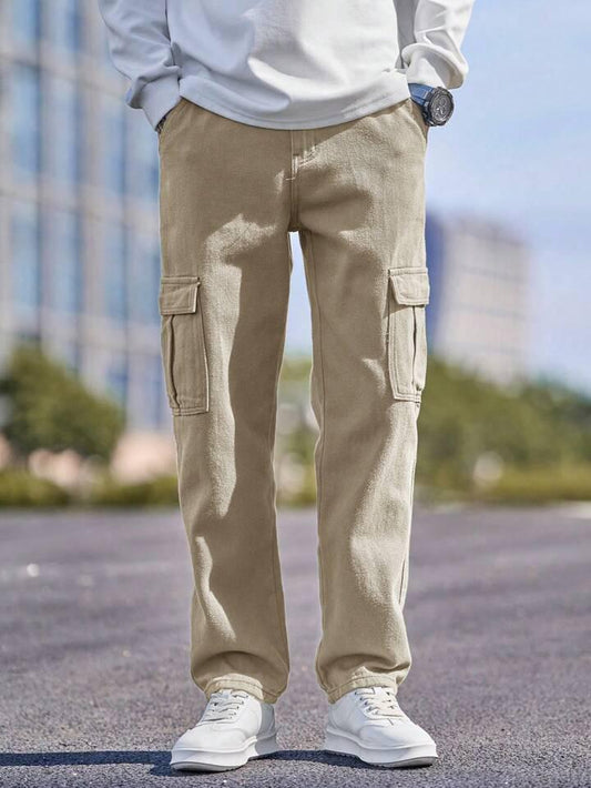 MQ Denim Men's Wide Leg 6-Pocket Cargo Mid Rise Beige Jeans, Non-Stretchable and Pure Cotton Denim. Trendy and Comfortable Casual Wear