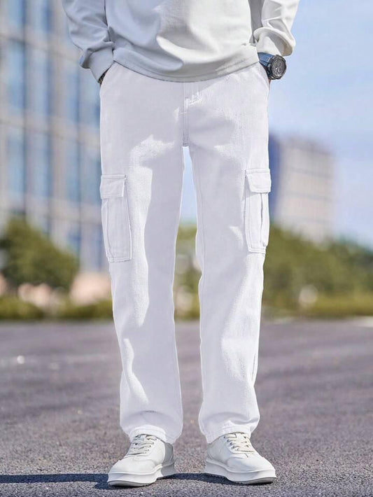 MQ Denim Men's Wide Leg 6-Pocket Cargo Mid Rise White Jeans, Non-Stretchable and Pure Cotton Denim. Trendy and Comfortable Casual Wear