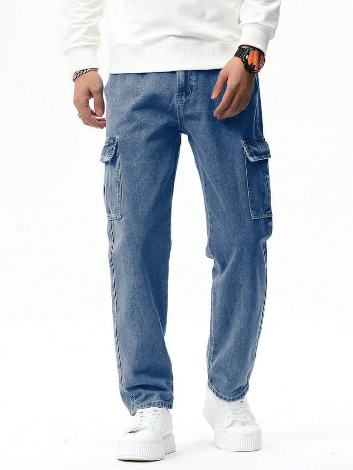 MQ Denim Men's Wide Leg 6-Pocket Cargo Mid Rise Blue Jeans, Non-Stretchable and Pure Cotton Denim. Trendy and Comfortable Casual Wear