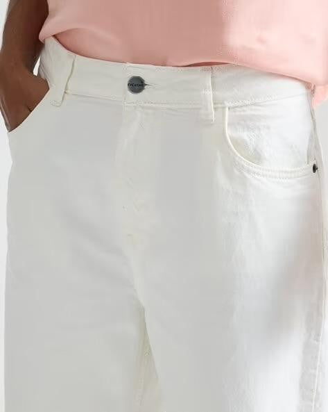 M Q Jeans Men Straight Fit Jeans | White Cotton Denim | Mid Rise | Comfortable Casual Wear