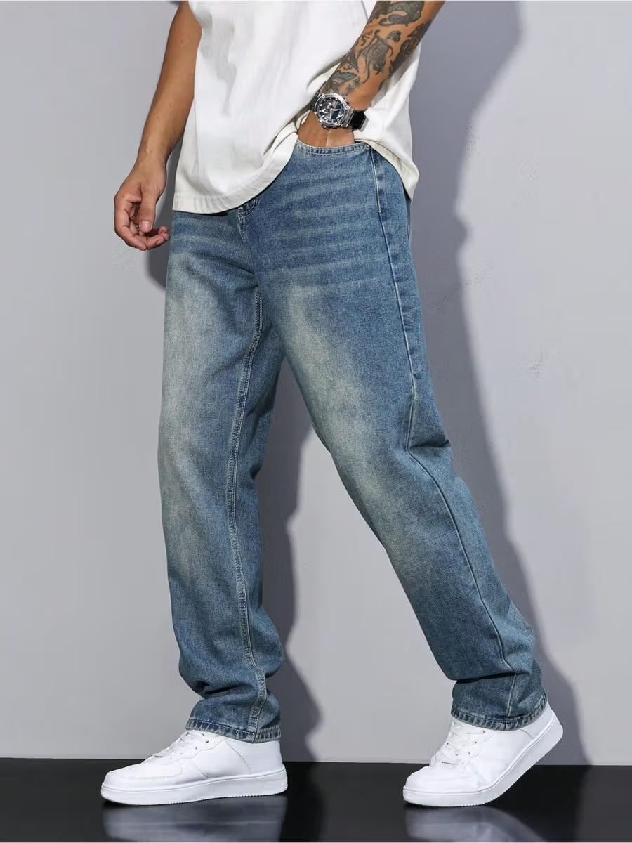 M Q Men’s Straight Fit Cotton Denim Jeans | Mid Rise | Whisker Spray | Light Fade | Light Tint | Everyday Casual Wear