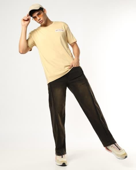 M Q Men’s Straight Fit Loose Jeans | Mid Wash Whisker Spray Denim | Comfortable Heavy Cotton | Casual Wear | Rust