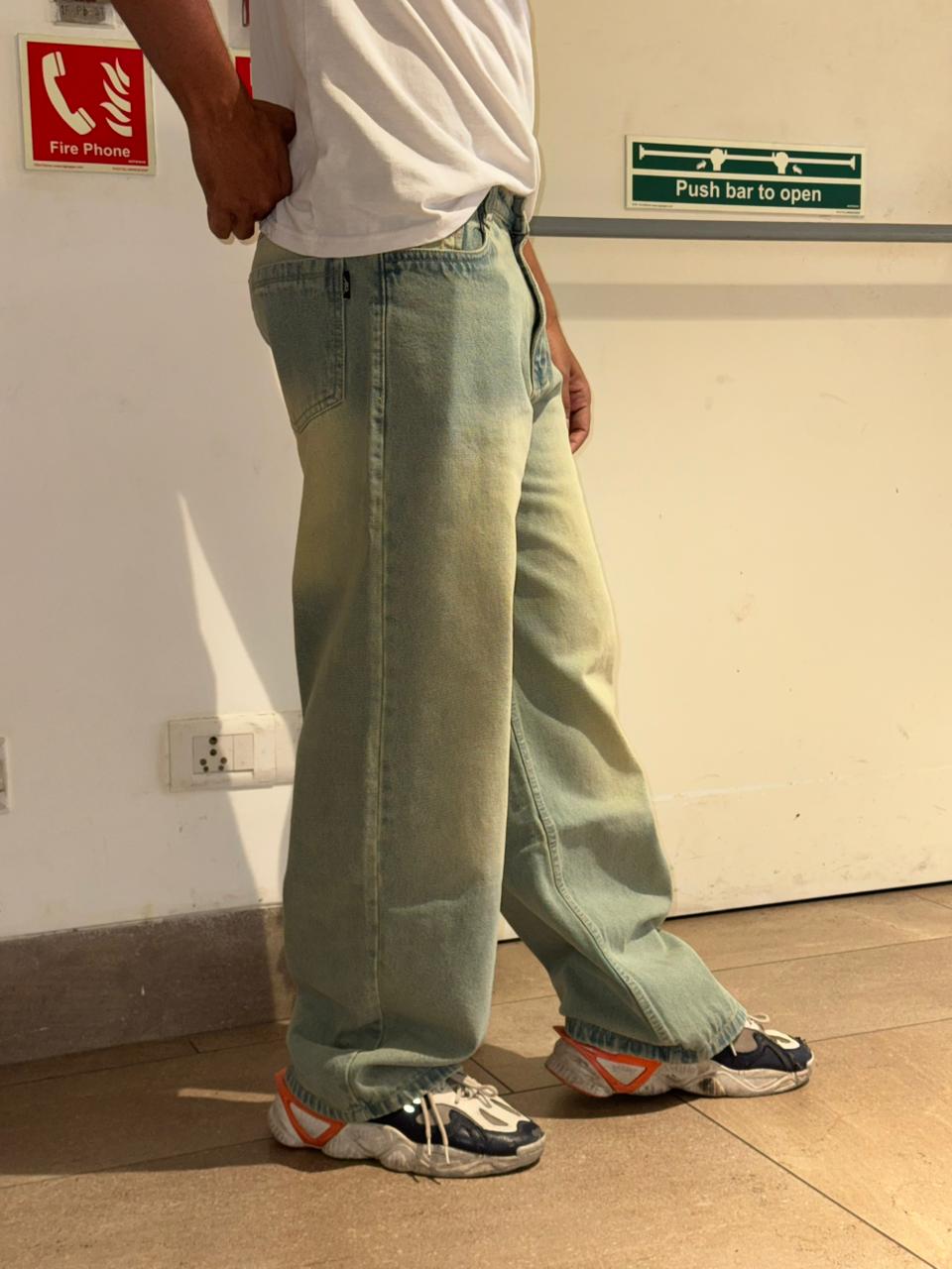 M Q Denim Men’s Light Olive Green (Faded) Super Wide Leg Denim Jeans – Relaxed Streetwear Fit