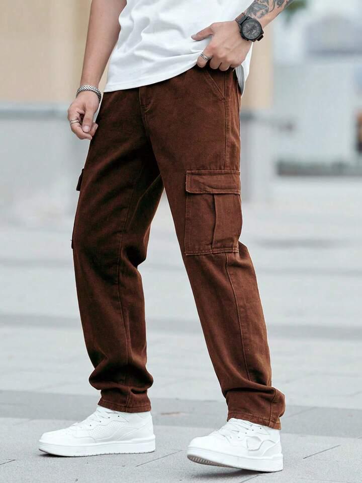 MQ Denim Men's Wide Leg 6-Pocket Cargo Mid Rise Brown Jeans, Non-Stretchable and Pure Cotton Denim. Trendy and Comfortable Casual Wear