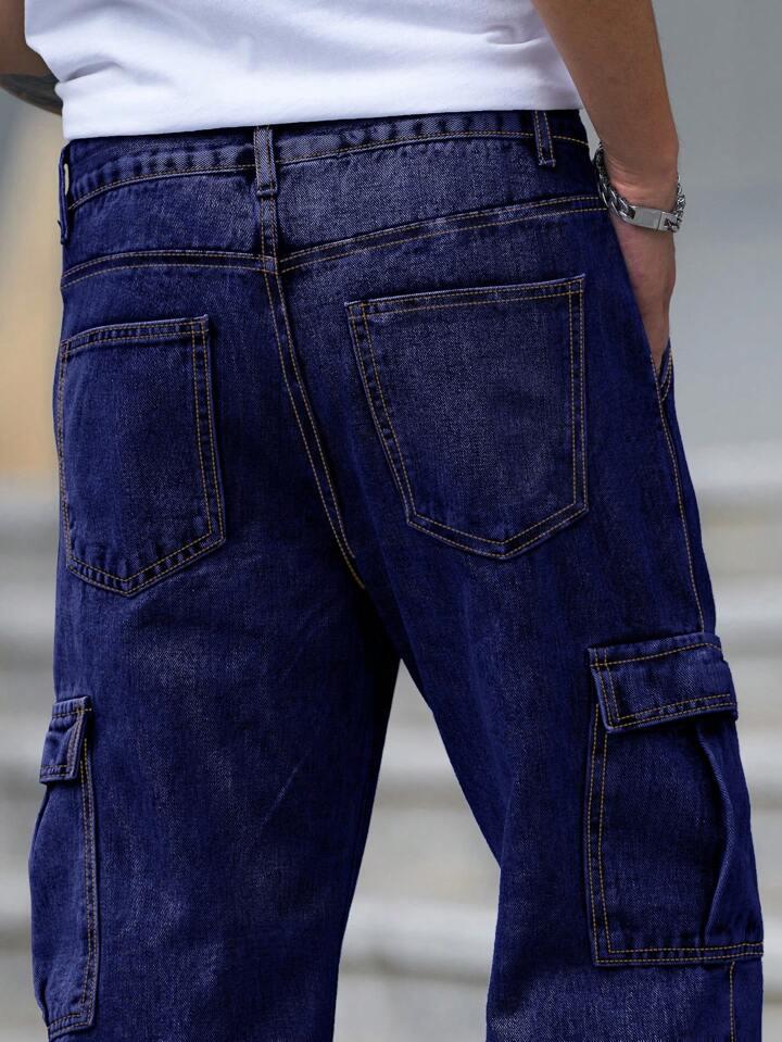 MQ Denim Men's Wide Leg 6-Pocket Cargo Mid Rise Dark Blue Jeans, Non-Stretchable and Pure Cotton Denim. Trendy and Comfortable Casual Wear