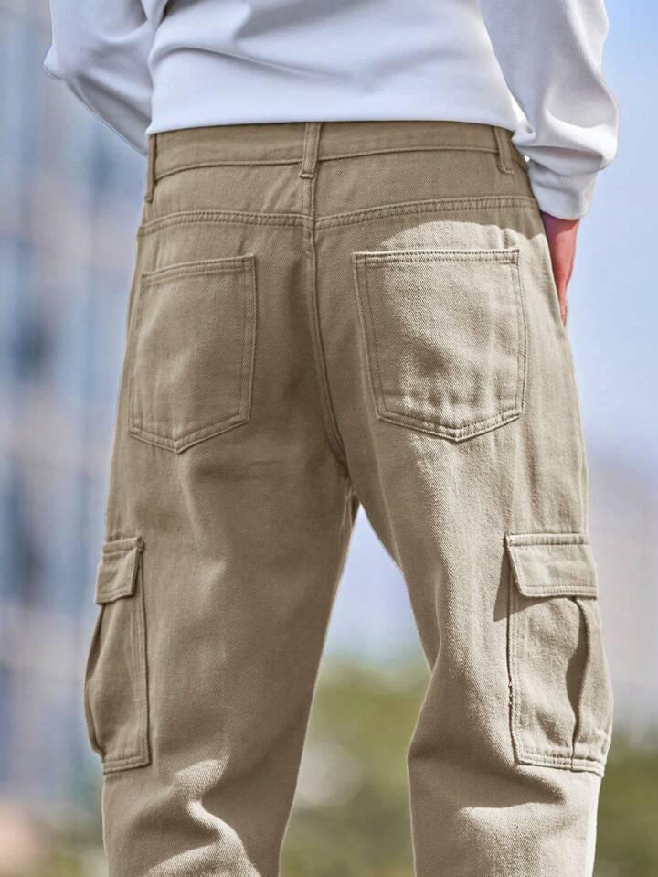 MQ Denim Men's Wide Leg 6-Pocket Cargo Mid Rise Beige Jeans, Non-Stretchable and Pure Cotton Denim. Trendy and Comfortable Casual Wear