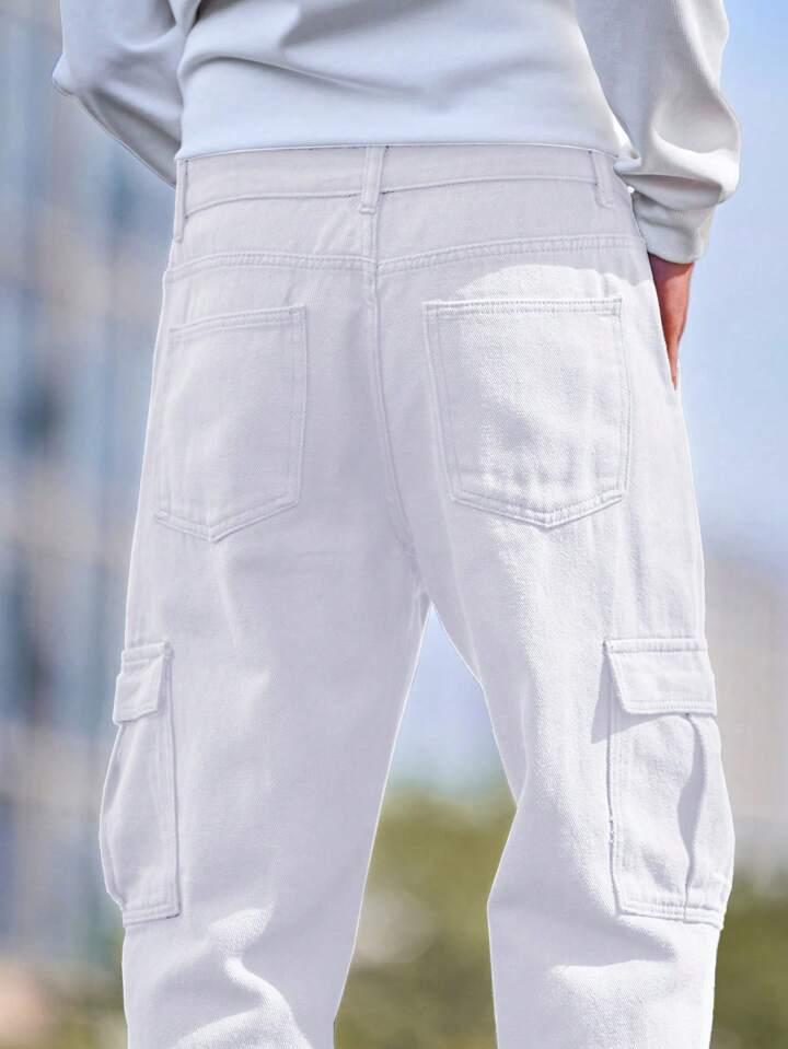 MQ Denim Men's Wide Leg 6-Pocket Cargo Mid Rise White Jeans, Non-Stretchable and Pure Cotton Denim. Trendy and Comfortable Casual Wear
