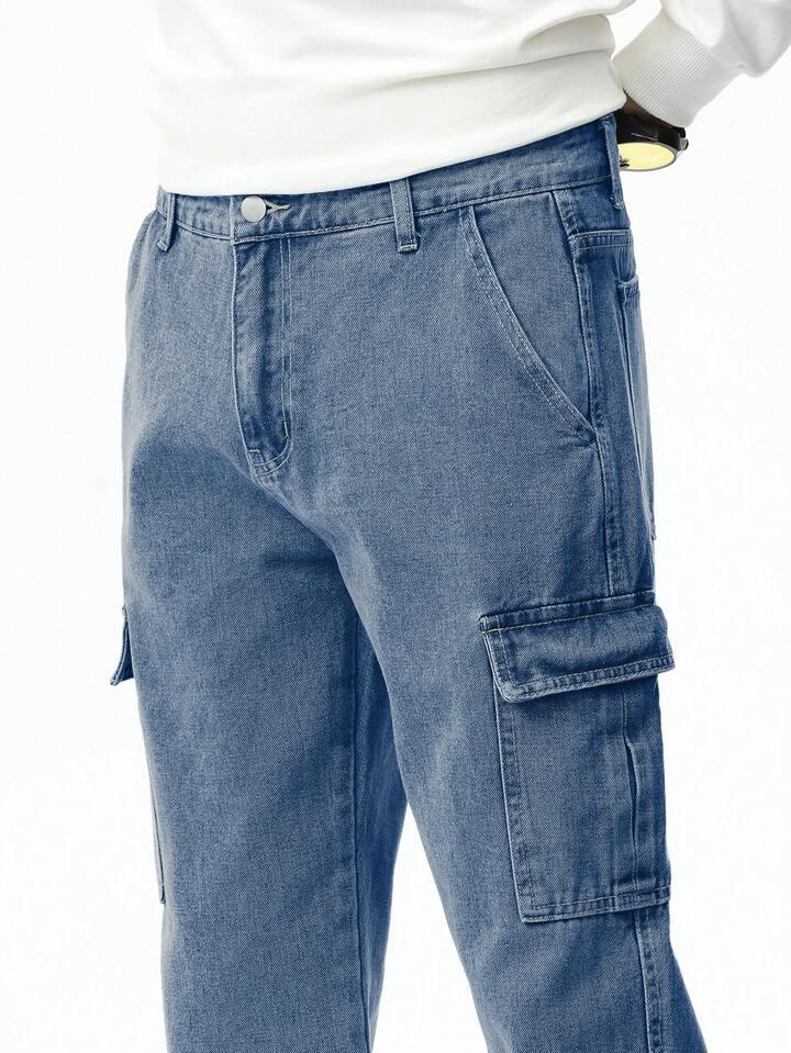 MQ Denim Men's Wide Leg 6-Pocket Cargo Mid Rise Blue Jeans, Non-Stretchable and Pure Cotton Denim. Trendy and Comfortable Casual Wear