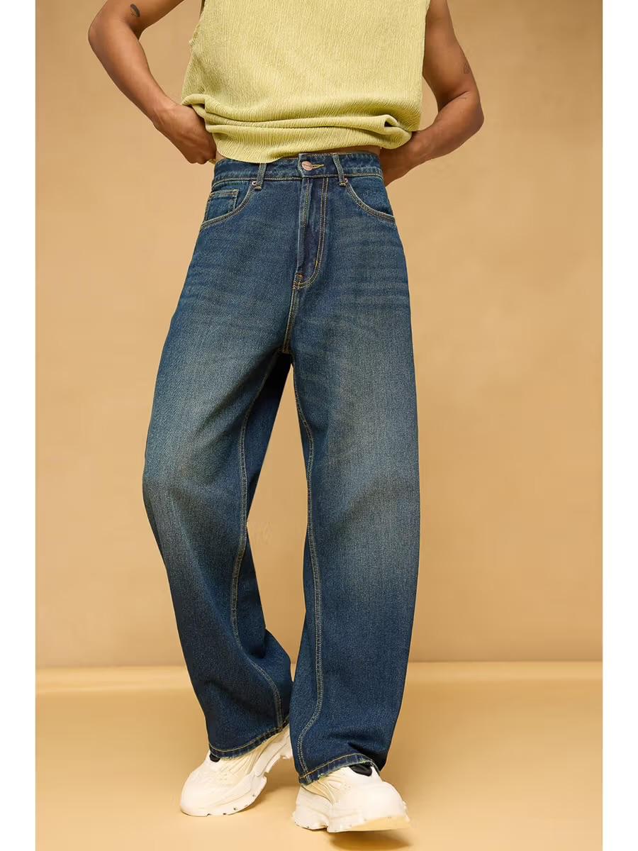 M Q Men’s Straight Fit Loose Jeans | Mid Wash Whisker Spray Denim | Comfortable Heavy Cotton | Casual Wear | Tint