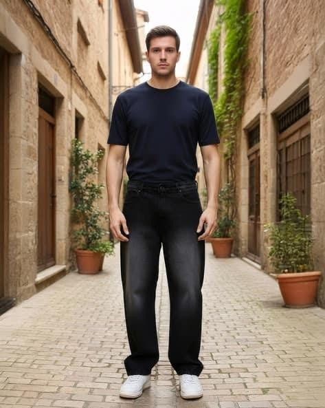 M Q Jeans Men’s Mid Wash Straight Fit Loose Jeans | Whisker Spray Denim | Comfortable Casual Wear | Black