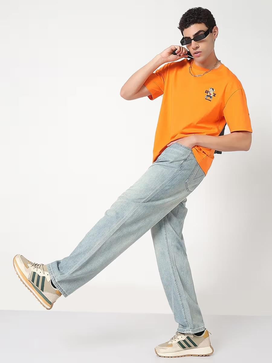 M Q Men’s Straight Fit Loose Jeans | Mid Wash Whisker Spray Denim | Comfortable Heavy Cotton | Casual Wear | Light Tint