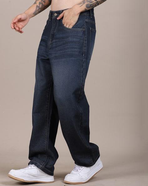 M Q Men’s Straight Fit Loose Jeans | Mid Wash Whisker Spray Denim | Comfortable Heavy Cotton | Casual Wear | Dark Blue