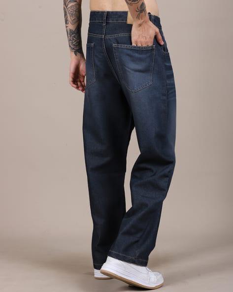 M Q Men’s Straight Fit Loose Jeans | Mid Wash Whisker Spray Denim | Comfortable Heavy Cotton | Casual Wear | Dark Blue