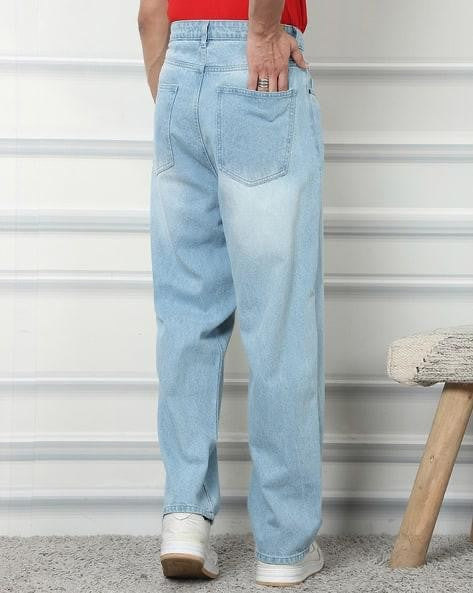 M Q Men’s Straight Fit Loose Jeans | Mid Wash Whisker Spray Denim | Comfortable Heavy Cotton | Casual Wear | Ice Blue