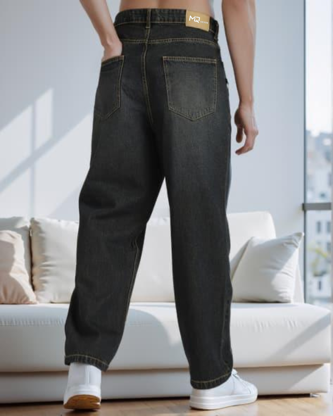 M Q Jeans Men’s Straight Fit Loose Denim Jeans | Mid Wash Whisker Spray | Heavy Cotton Casual Wear | Black