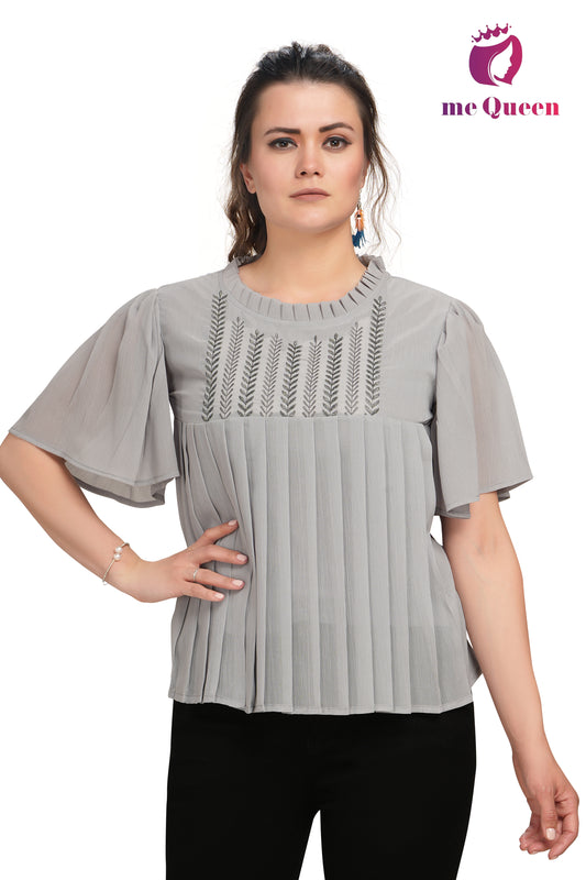 MeQueen Women Ruffled Neck Grey Embroidered Top with Thread Work