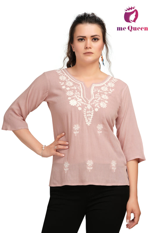 MeQueen Women's Pink Color Floral Embroidered Top