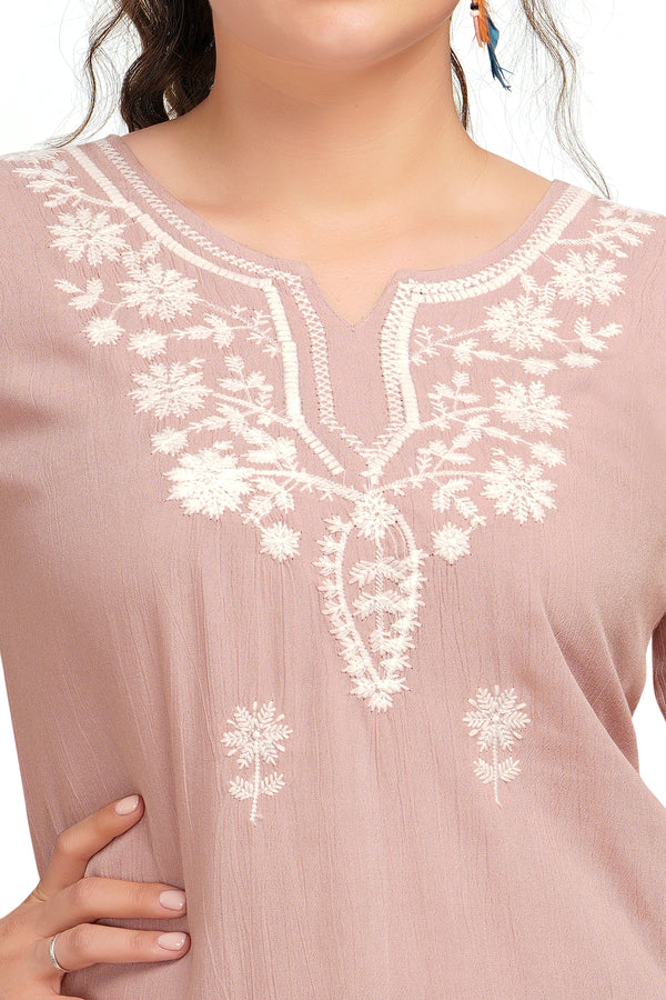 MeQueen Women's Pink Color Floral Embroidered Top