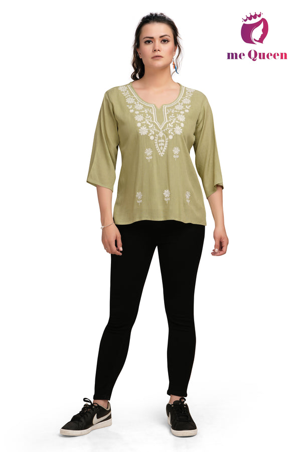 MeQueen Casual Embroidered Women Light Green Top