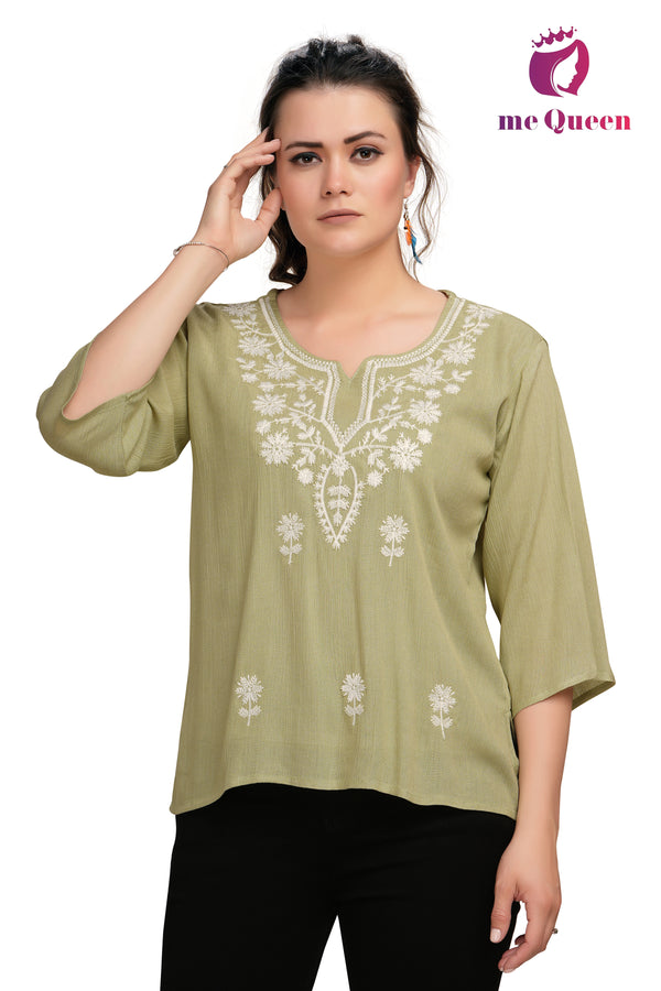 MeQueen Casual Embroidered Women Light Green Top