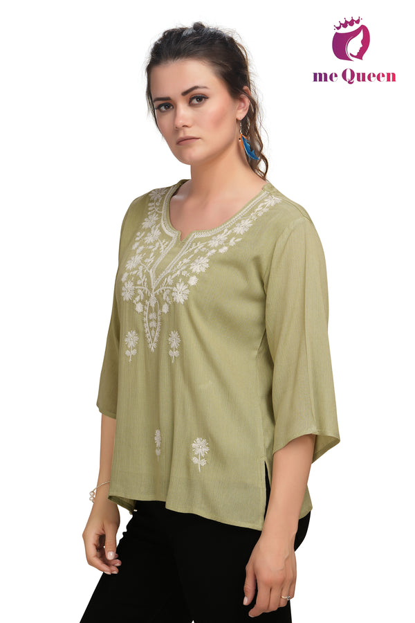 MeQueen Casual Embroidered Women Light Green Top