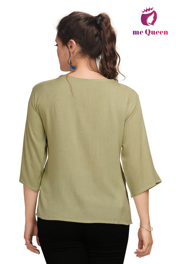 MeQueen Casual Embroidered Women Light Green Top