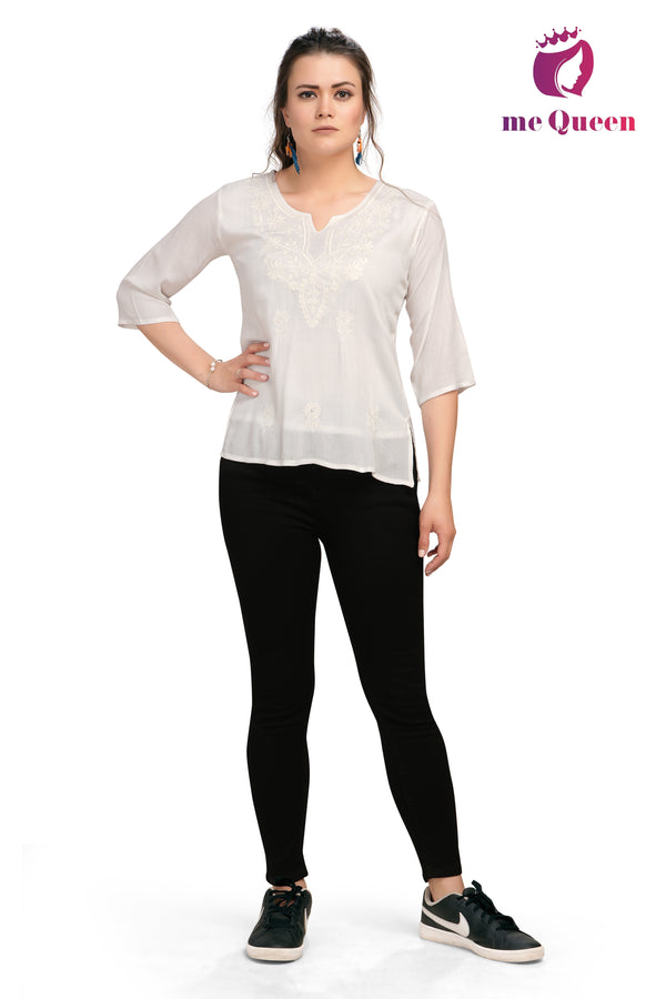 MeQueen Women's Casual Embroidered White Top