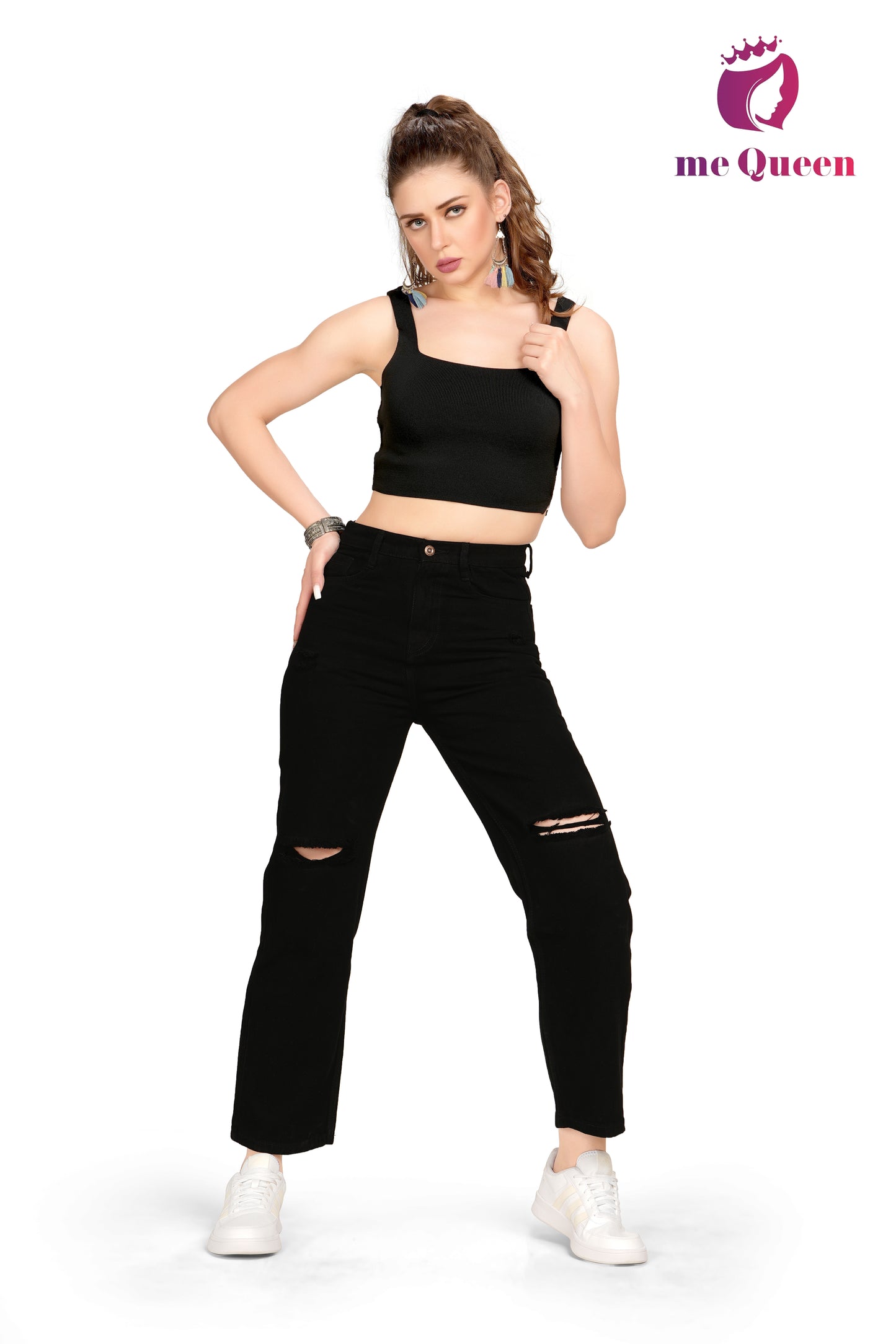 MeQueen Women's Knee Slit Black Color Jeans