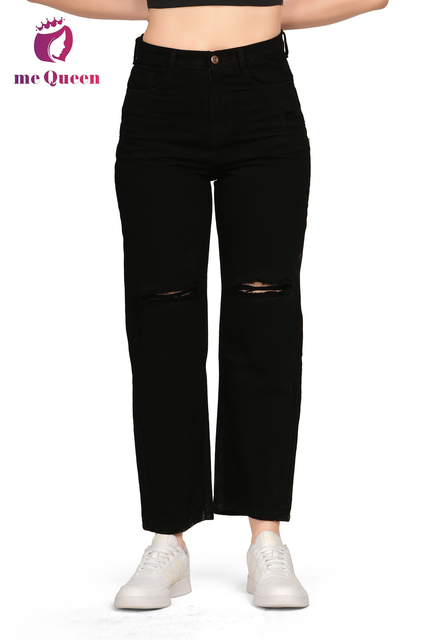 MeQueen Women's Knee Slit Black Color Jeans