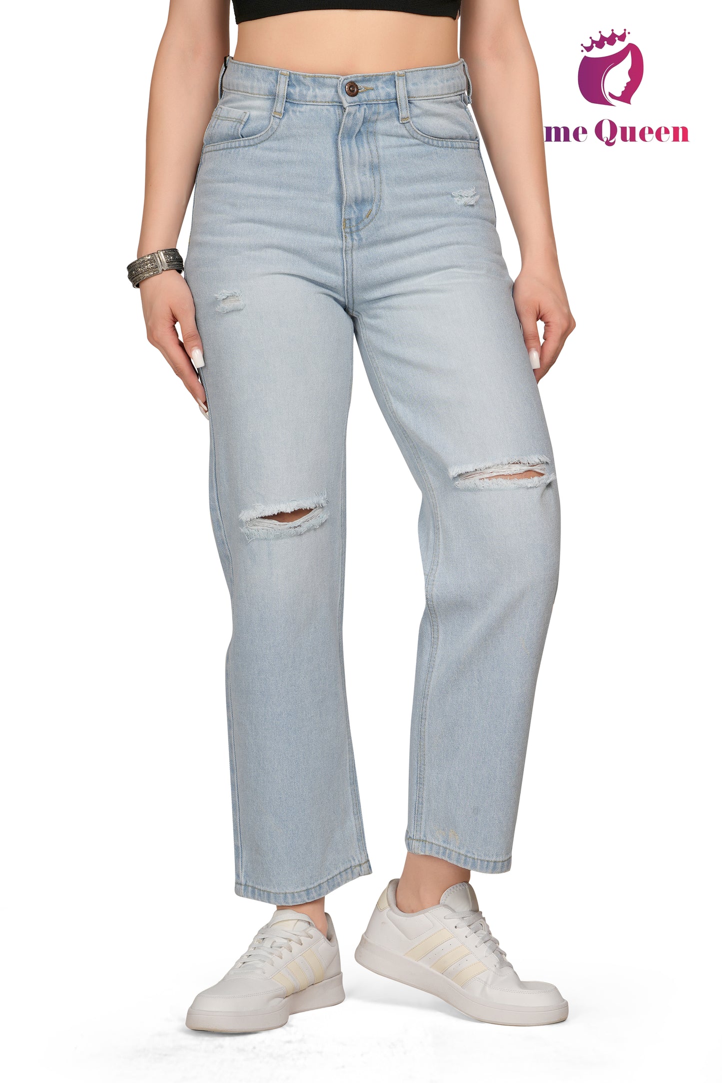 MeQueen Women's Knee Slit Sky Blue Color Jeans