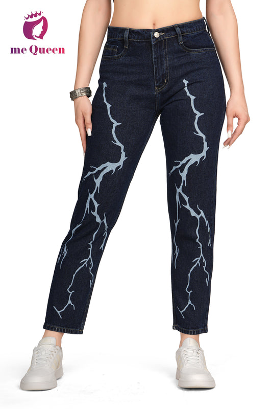 MeQueen Relaxed Fit Women's Dark Blue Lightning Printed Jeans