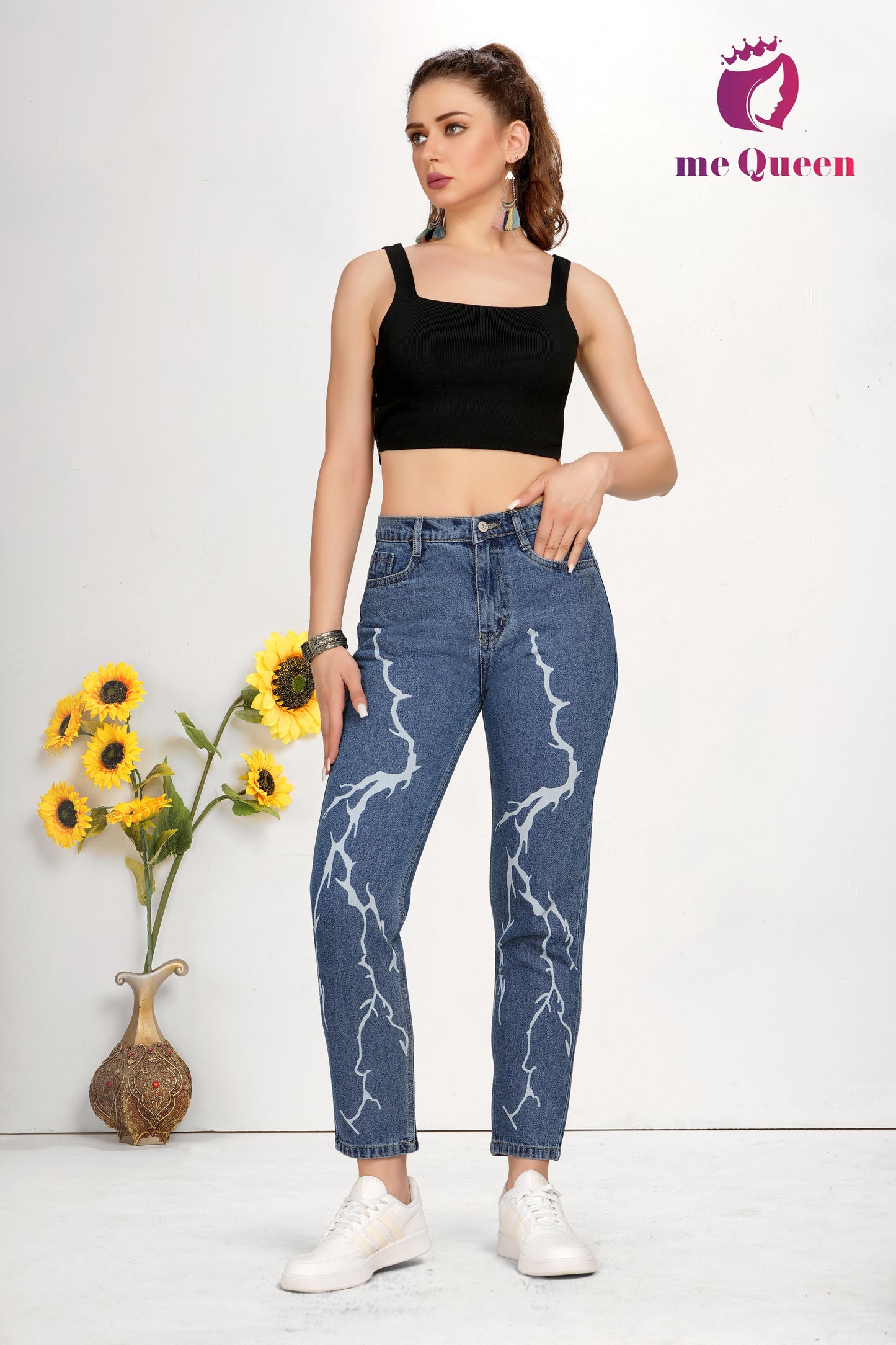 MeQueen Relaxed Fit Women's Blue Lightning Printed Jeans