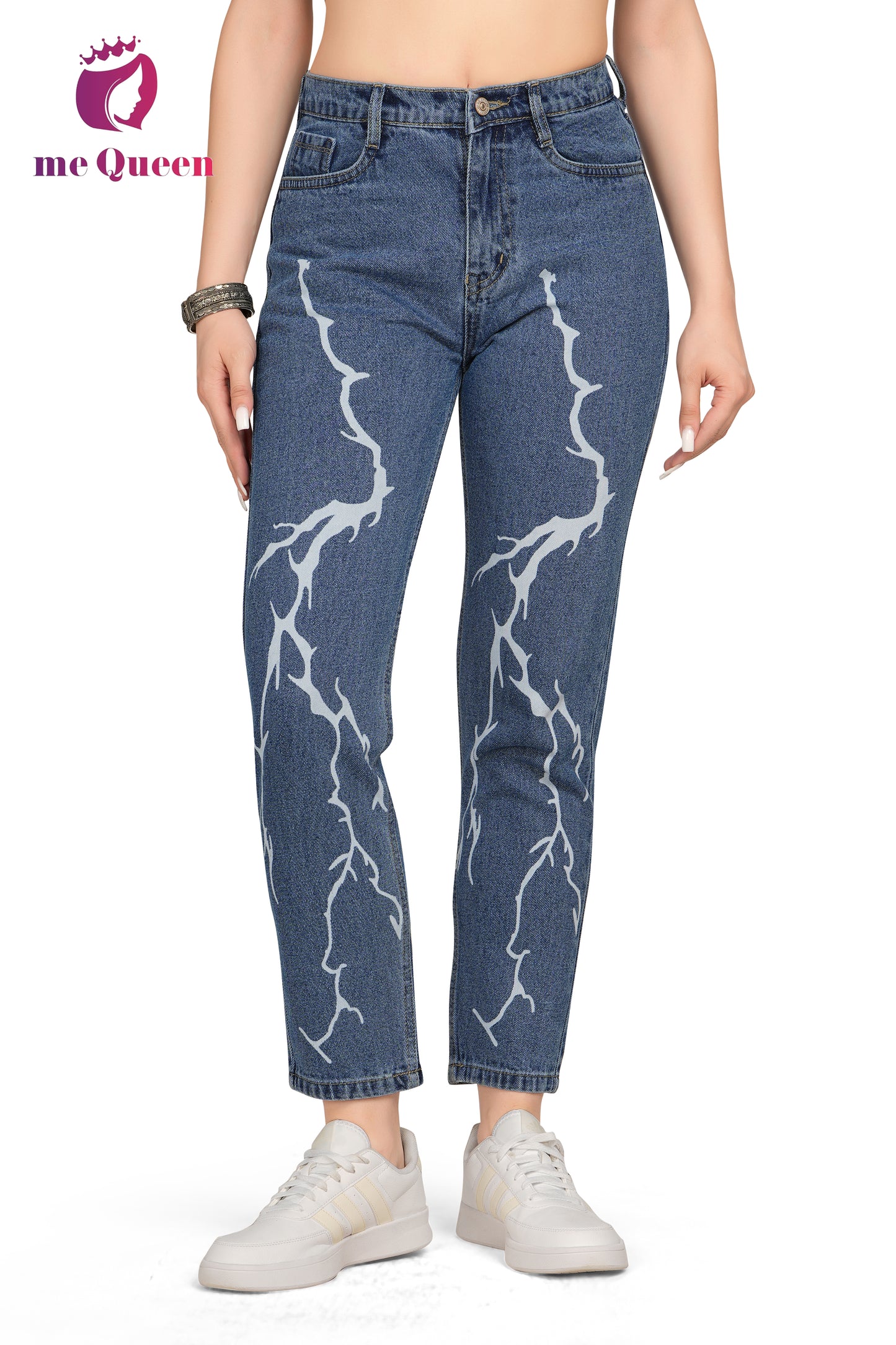 MeQueen Relaxed Fit Women's Blue Lightning Printed Jeans