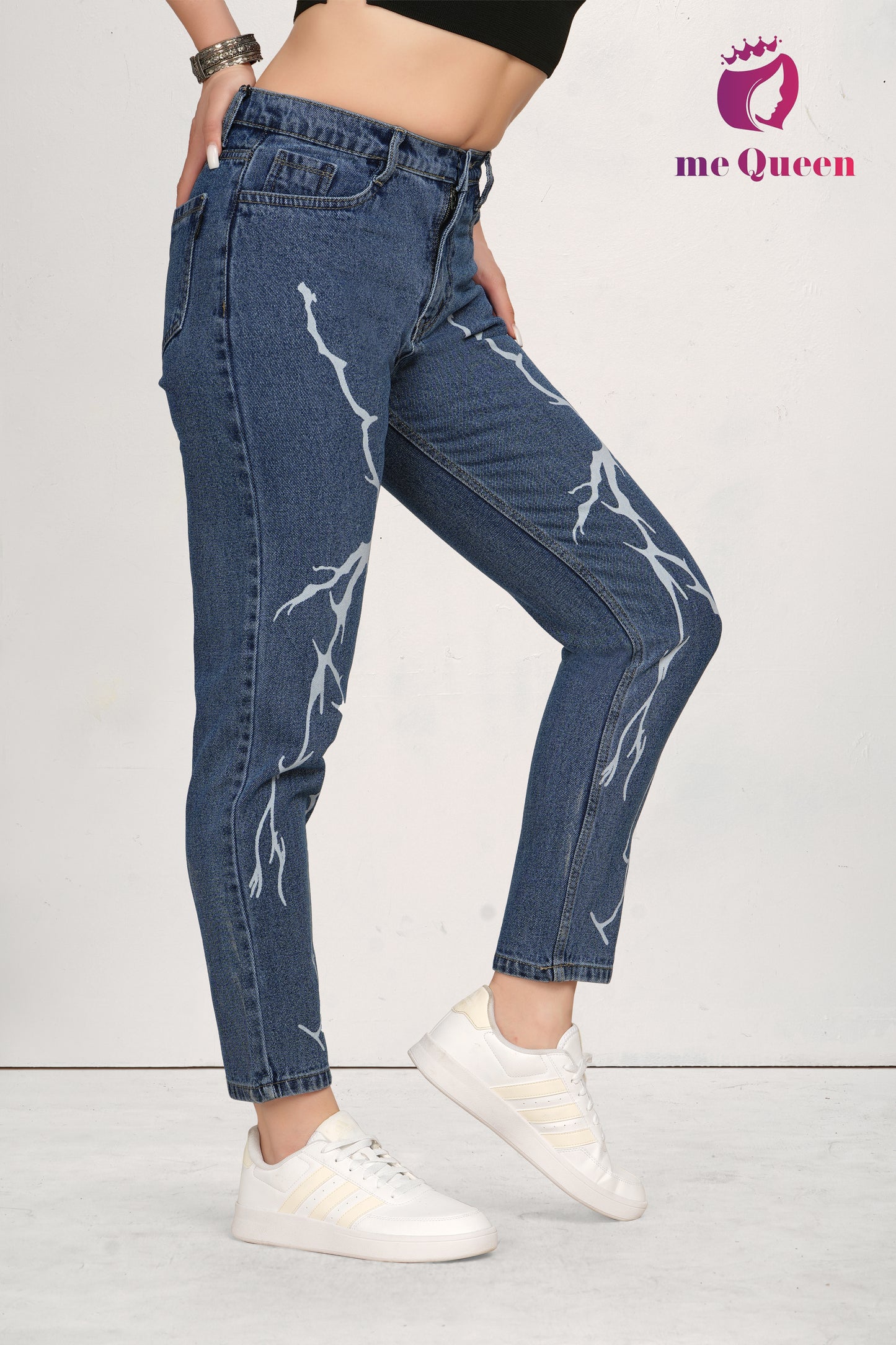 MeQueen Relaxed Fit Women's Blue Lightning Printed Jeans