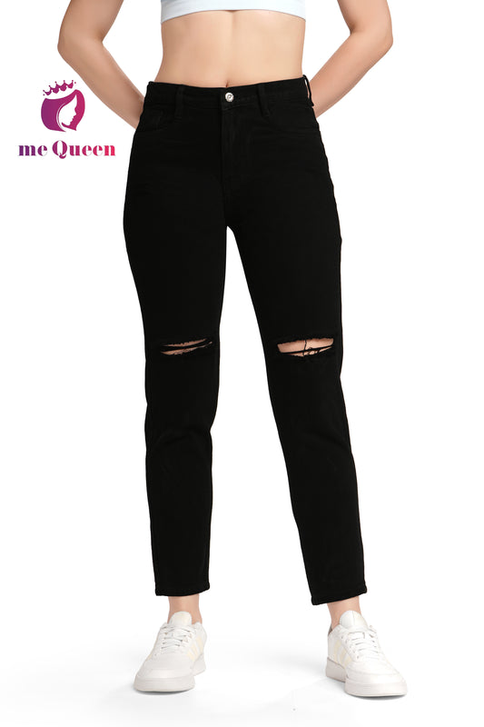 MeQueen Women's Black Fit Ripped Knee Jeans