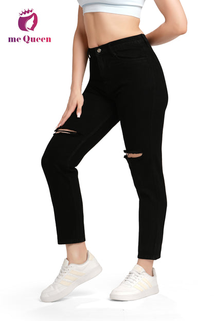 MeQueen Women's Black Fit Ripped Knee Jeans