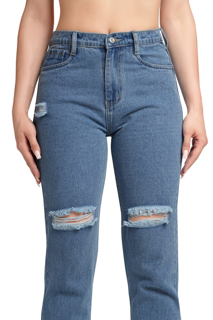MeQueen Women's Steel Blue Fit Ripped Knee Jeans