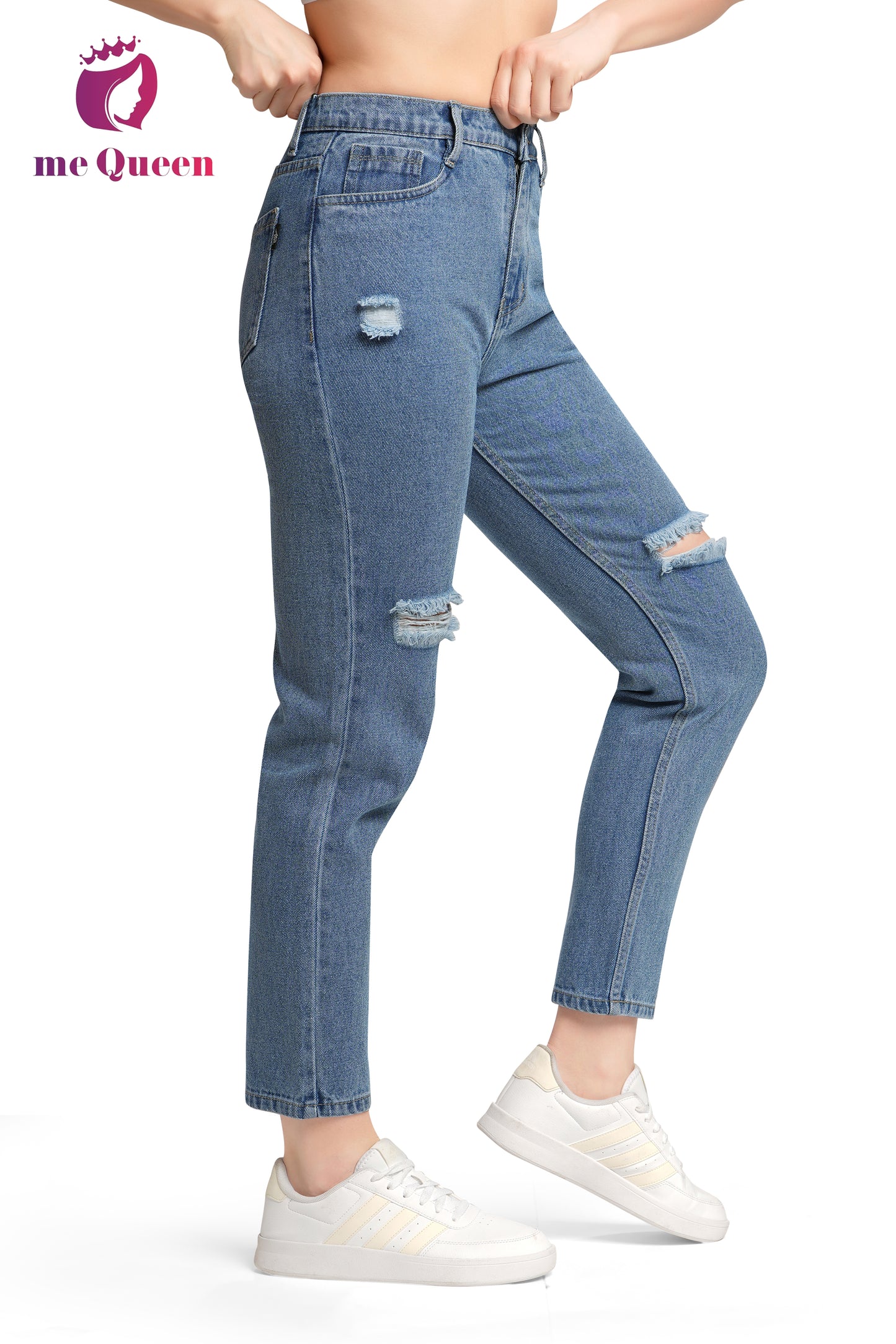 MeQueen Women's Steel Blue Fit Ripped Knee Jeans