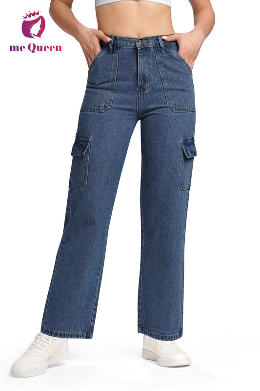 MeQueen Women Steel Blue Loose Fit  Cargo Jeans with Flap Pockets