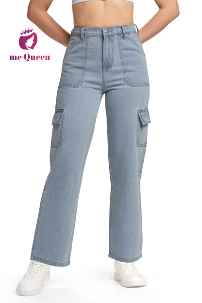 MeQueen Women Pewter Blue Loose Fit Cargo Jeans with Flap Pockets