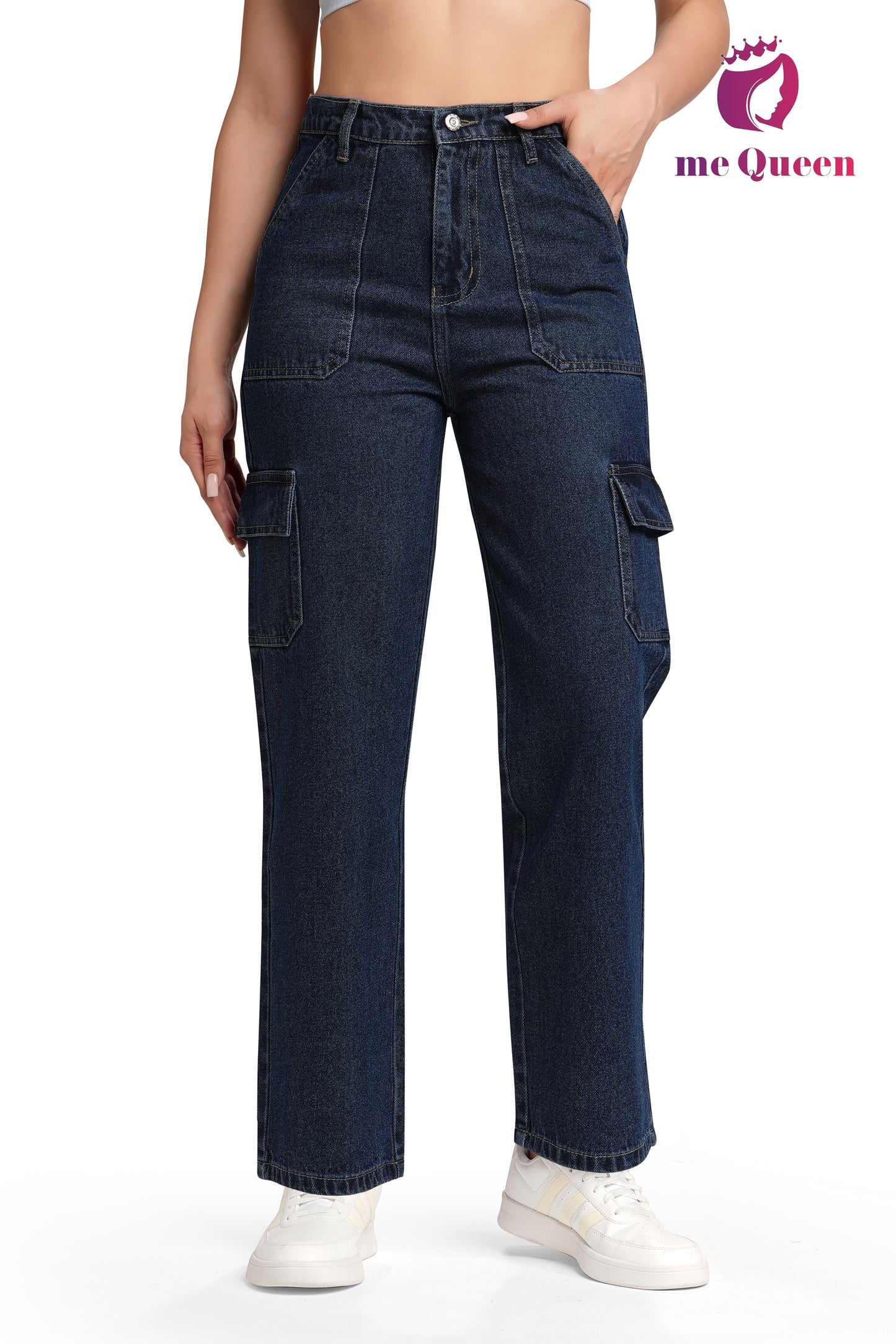 MeQueen Women Gunmetal Blue Loose Fit Cargo Jeans with Flap Pockets