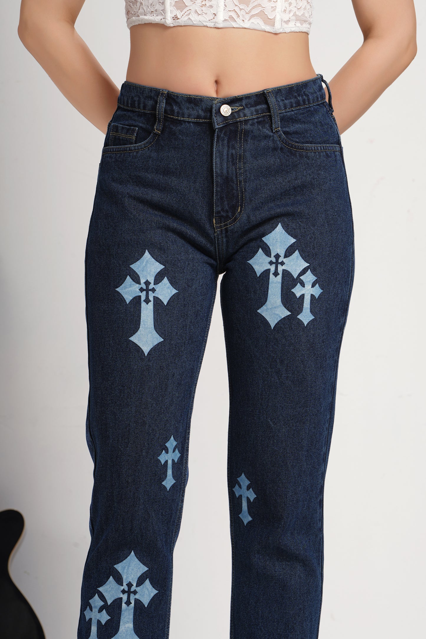 MeQueen Women's Dark Blue Fit Printed Denim Jeans
