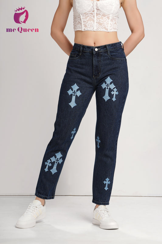 MeQueen Women's Dark Blue Fit Printed Denim Jeans